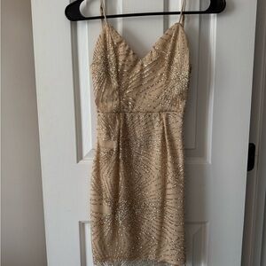 Windsor Sparkly Champagne Sheath Dress with Spaghetti Straps